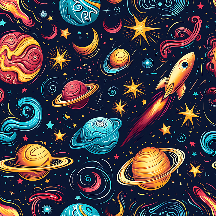 Space Featuring Vibrant Cartoon Planets, Stars, Rockets seamless PBR texture preview