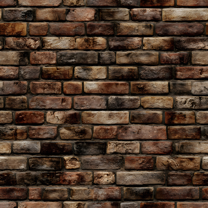 Aged Cracked Brick Wall with Weathered Brown and Dark Tones seamless PBR texture preview