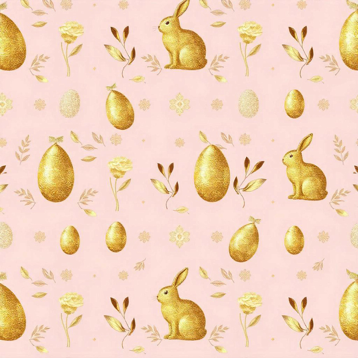 with Golden Easter Eggs, Bunnies, and Floral Patterns on Pink seamless PBR texture preview