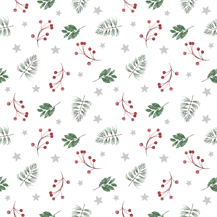 Pattern with Christmas Berries, Pine, Holly & Stars Wood seamless PBR texture preview