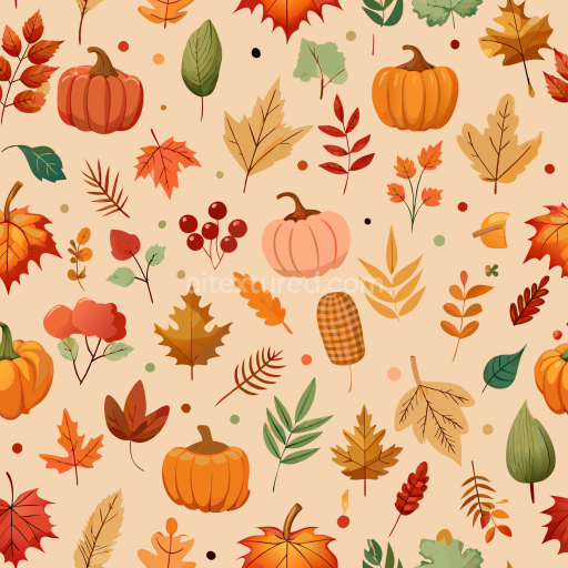 Seamless 3D PBR texture with colorful autumn leaves and pumpkins for Thanksgiving