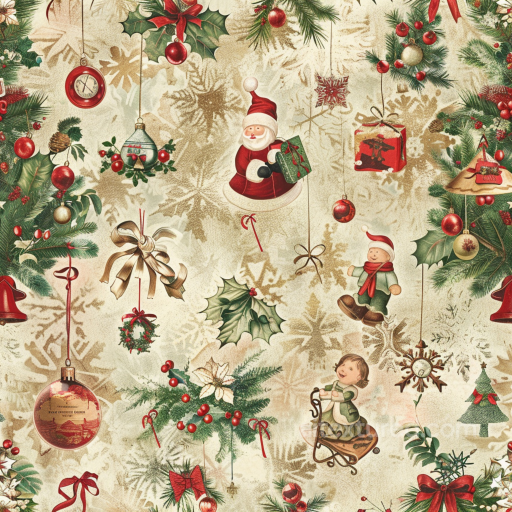 Fabric Texture with Vintage Christmas Ornaments and Snowflakes seamless Christmas vintage PBR texture