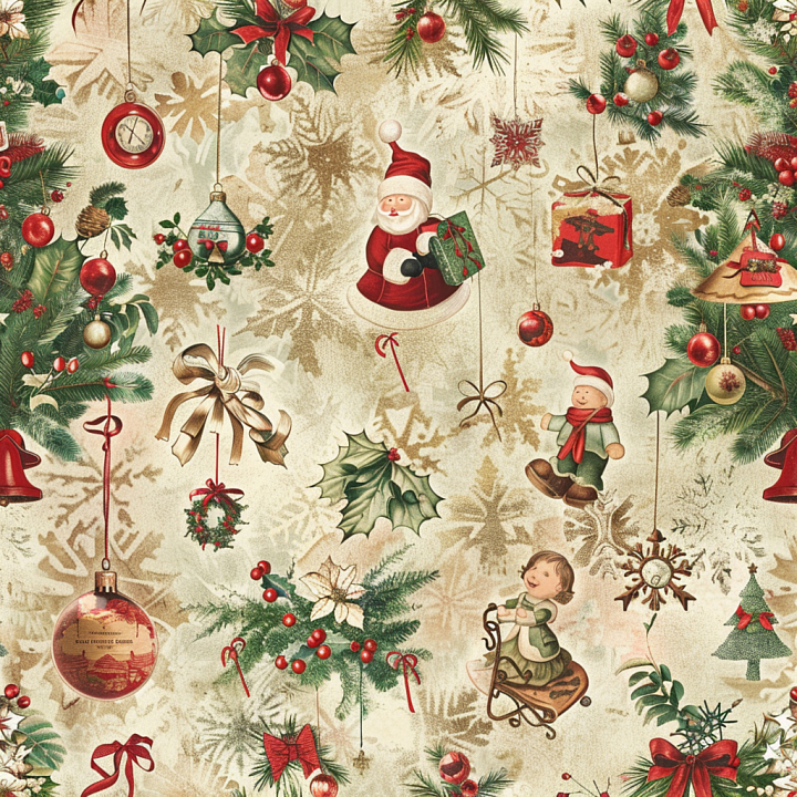 Fabric with Vintage Christmas Ornaments and Snowflakes seamless PBR texture preview