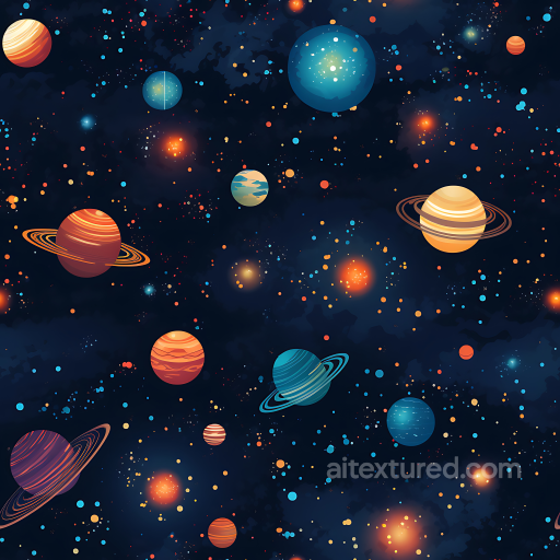 Space PBR Texture Featuring Stylized Multicolor Planets and Starfield Background seamless Star, space, planets PBR texture