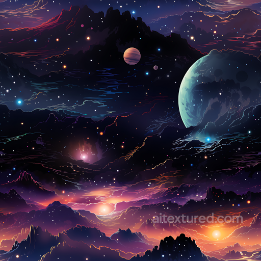 Space PBR Texture Featuring Cosmic Starfield and Colorful Planetary Nebula seamless Star, space, planets PBR texture