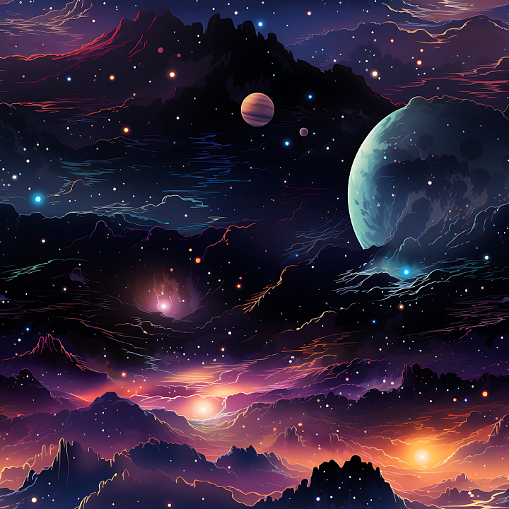 Space Featuring Cosmic Starfield and Colorful Planetary Nebula seamless PBR texture preview