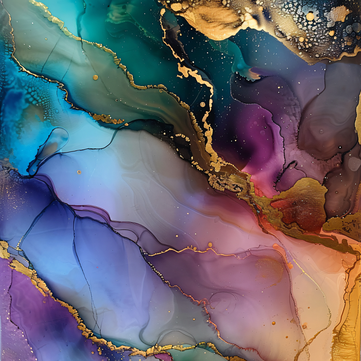 Alcohol Ink Featuring Blue, Violet, and Gold Fluid Swirls seamless PBR texture preview
