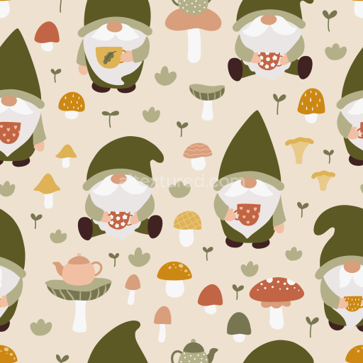 Seamless 3D PBR Cartoon Gnome and Mushroom Pattern Fabric Texture