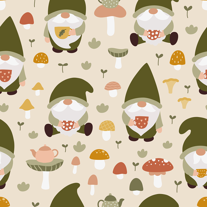 Cartoon Gnome and Mushroom Pattern Fabric seamless PBR texture preview