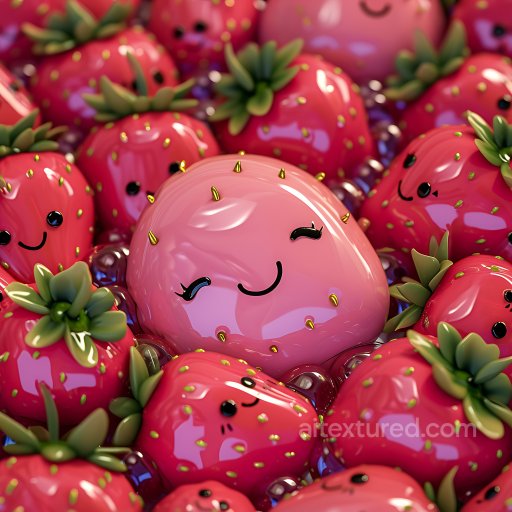 Inflated PBR Texture of Glossy Cute Strawberry Plush with Playful Faces seamless Inflated PBR texture