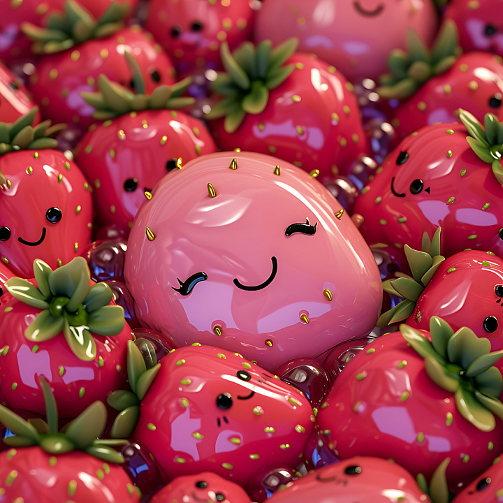 Inflated of Glossy Playful Strawberries with Cute Faces seamless PBR texture preview