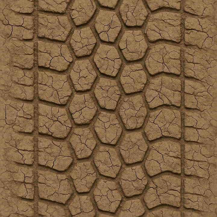 Car Tire Print On Clay Print Surface With Hexagon Tread And Mud Cracked… seamless PBR texture preview
