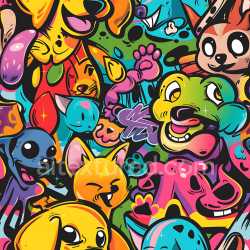 seamless Seamless 3D PBR Graffiti Texture Featuring Vibrant Cartoon Animal Characters texture 8k free download PBR