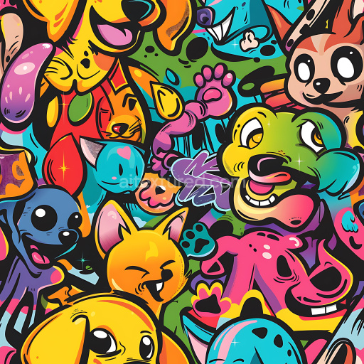 Seamless 3D PBR Graffiti Texture Featuring Vibrant Cartoon Animal Characters