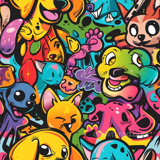 Seamless 3D PBR Graffiti Texture Featuring Vibrant Cartoon Animal Characters texture preview
