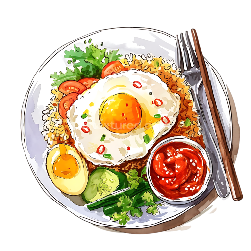 Illustrated Indonesian Nasi Goreng Breakfast with Fried Egg and Fresh Vegetables