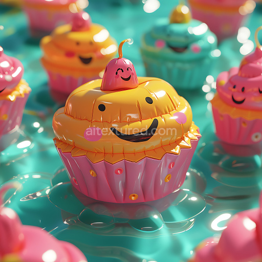 Seamless 3D Inflated PBR Texture of Bright Colored Vinyl Cupcakes with Smiling Faces