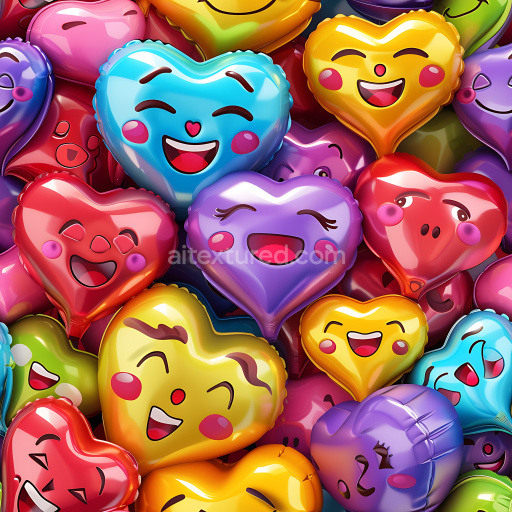 Seamless 3D Inflated PBR Texture of Colorful Heart-Shaped Balloons with Smiling Faces