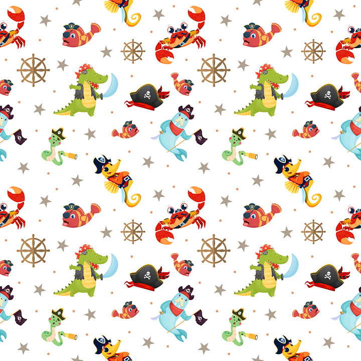 Pattern Featuring Cartoon Pirate Animal Characters and Nautical Motifs seamless PBR texture preview