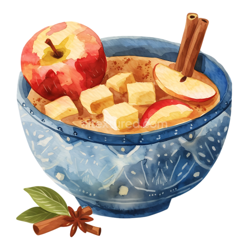 Breakfast Applesauce Bowl with Cinnamon Sticks and Apple Slices - Watercolor Style