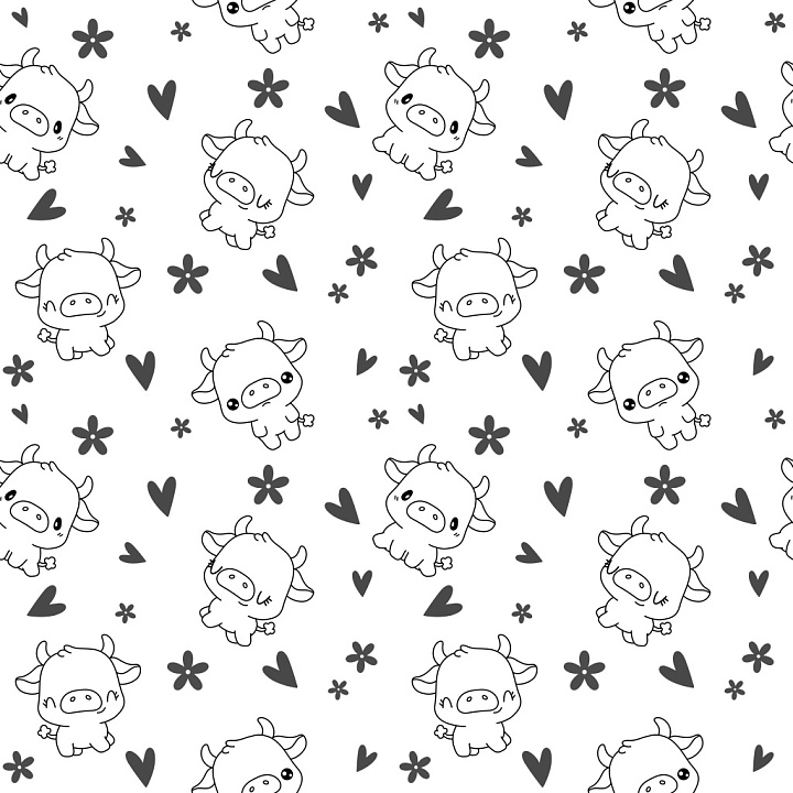 Pattern Featuring Cute Cartoon Cow Motifs with Hearts and Flowers seamless PBR texture preview