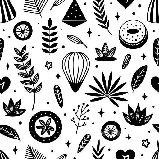 with Black Botanical Silhouettes on White Background seamless White & Black PBR texture