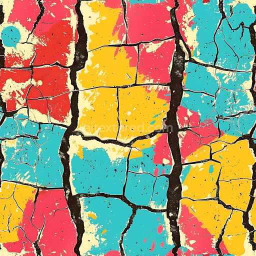 Seamless 3D PBR Cracked Painted Surface Texture with Vibrant Yellow, Red & Blue Cracks
