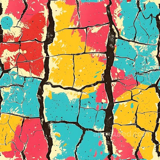 Cracked Painted Surface Texture with Vibrant Yellow, Red & Blue Cracks seamless Cracked & Holes PBR texture