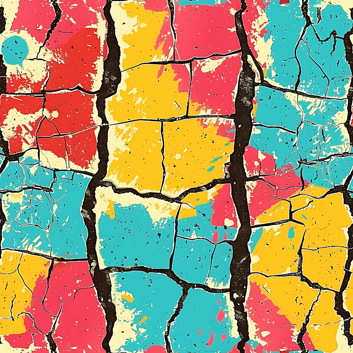 Cracked Painted Surface with Vibrant Yellow, Red & Blue Cracks seamless PBR texture preview