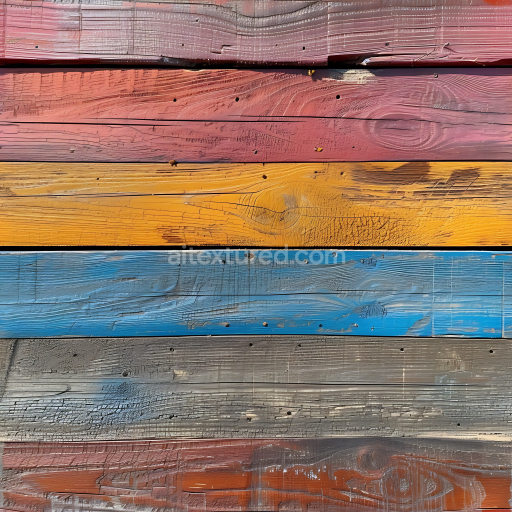 Seamless 3D PBR Texture of Vibrantly Painted Weathered Wood Planks with Detailed Grain and Wear