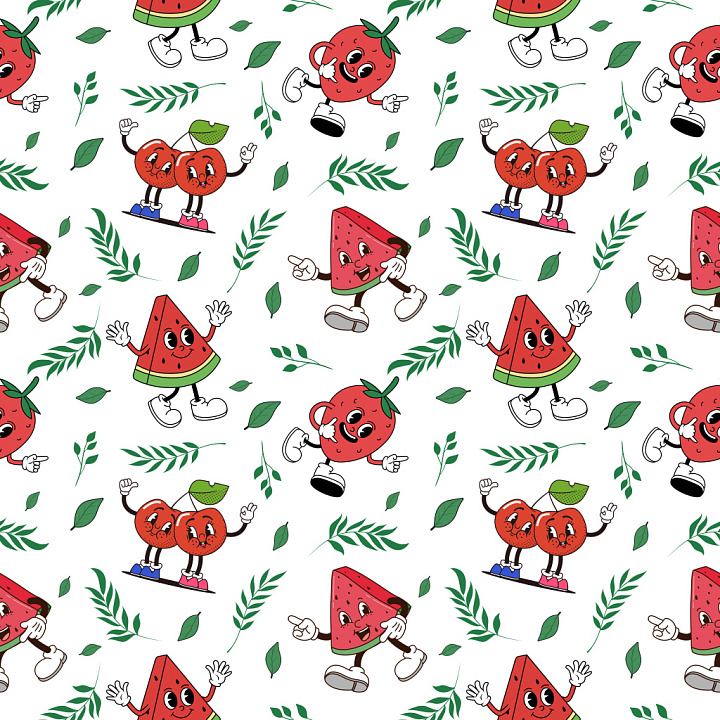 Pattern with Playful Cartoon Fruit Motifs and Green Leaf Accents seamless PBR texture preview