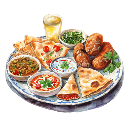 Lebanese Breakfast Platter with Pita Bread, Dips, and Garnishes PNG Art