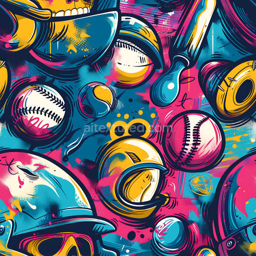 Seamless 3D PBR Texture Featuring Vibrant Baseball-Themed Graffiti Street Art