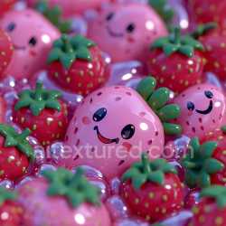 seamless Seamless 3D Inflated PBR Texture of Glossy Cartoon Strawberries with Smiling Faces and Clear Bubbles texture 8k free download PBR