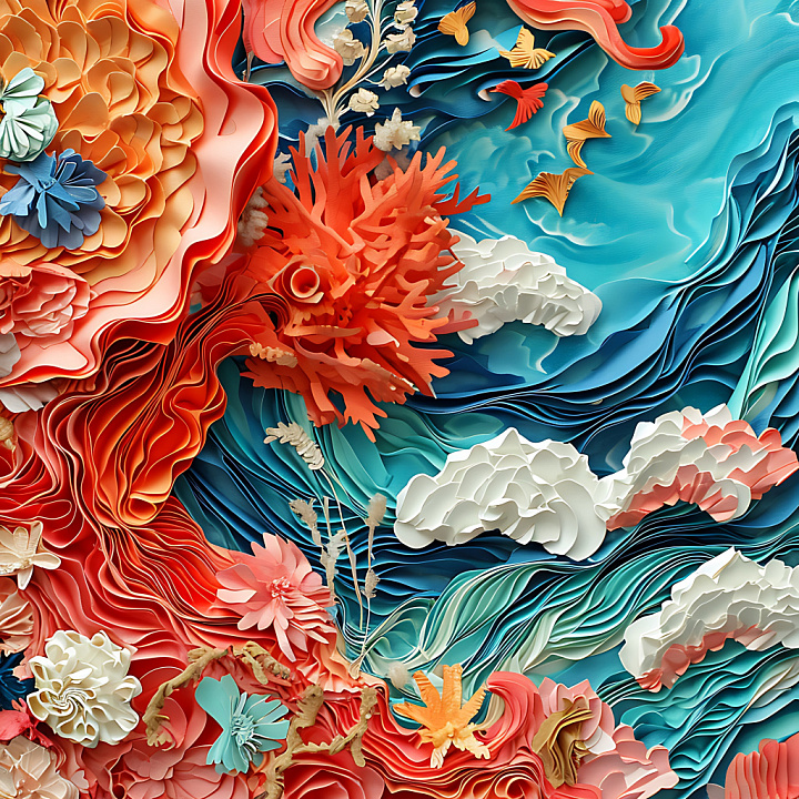 Animal of Vibrant Coral and Oceanic Flora in Multicolor Layers seamless PBR texture preview