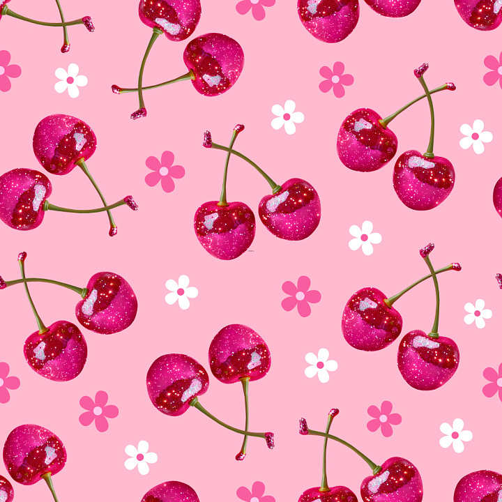 Pattern with Glossy Cherry Motifs on Pastel Pink Floral Background seamless PBR texture preview