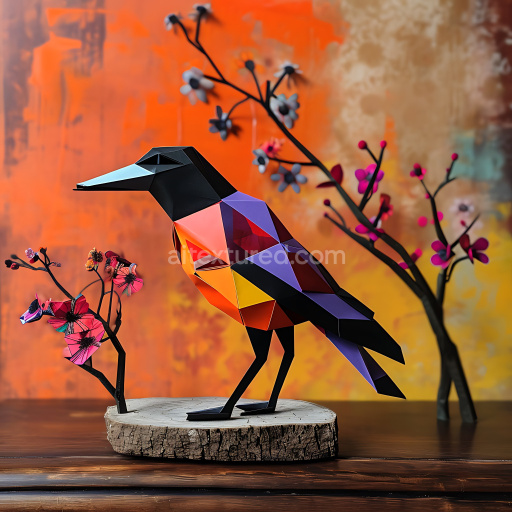 Seamless 3D PBR Texture Featuring Origami-Style Crow with Vibrant Geometric Colors