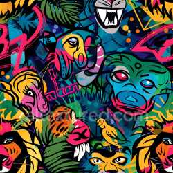 seamless Seamless 3D PBR texture featuring vibrant graffiti animal faces and tropical motifs texture 8k free download PBR