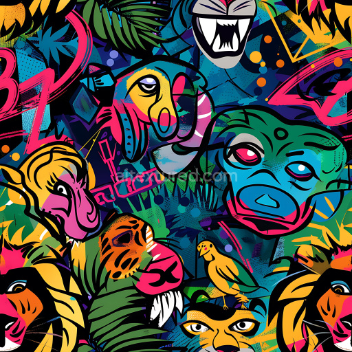 Seamless 3D PBR texture featuring vibrant graffiti animal faces and tropical motifs