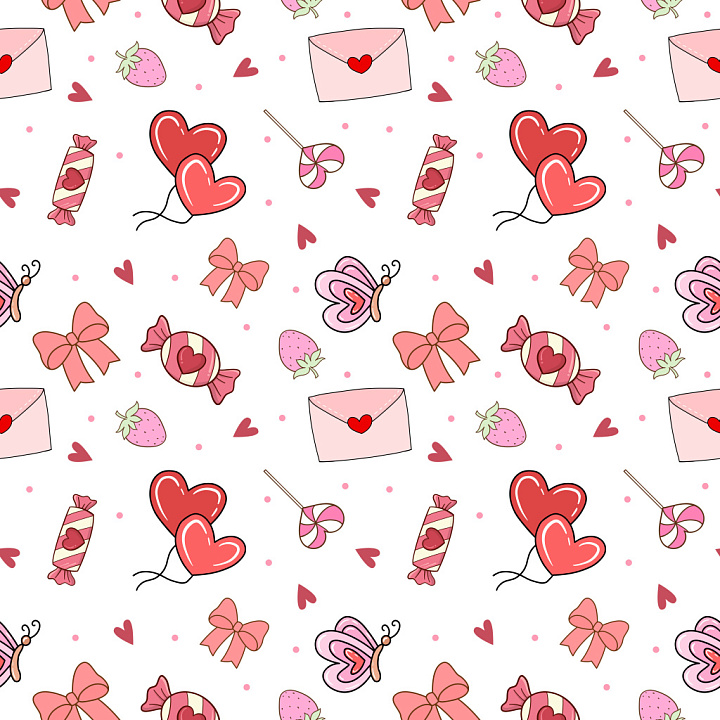 Pattern with Cute Valentines Day Themed Illustrations seamless PBR texture preview