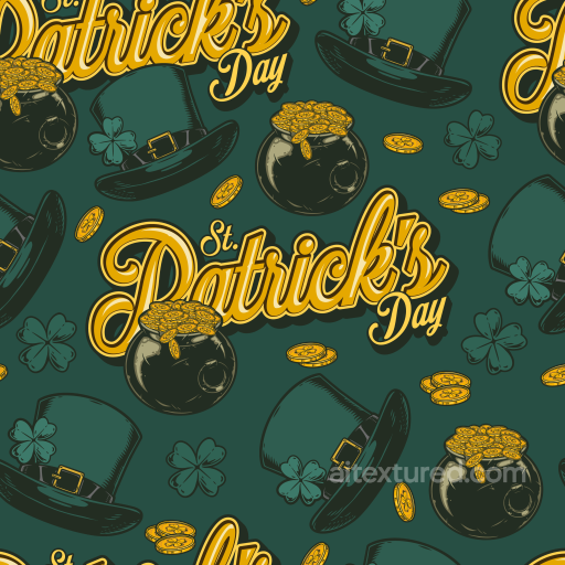 St Patrick's Day Digital Paper Texture with Coins and Leprechaun Hats seamless St patrick digital paper bundle PBR texture