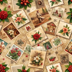 seamless Seamless 3D PBR Texture of Vintage Christmas Cards and Botanicals on Aged Paper texture 8k free download PBR