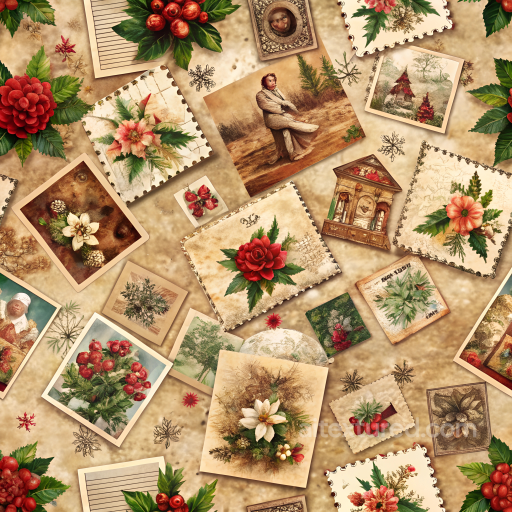 Christmas Vintage Texture of Vintage Christmas Cards and Botanicals on Aged Paper seamless Christmas vintage PBR texture