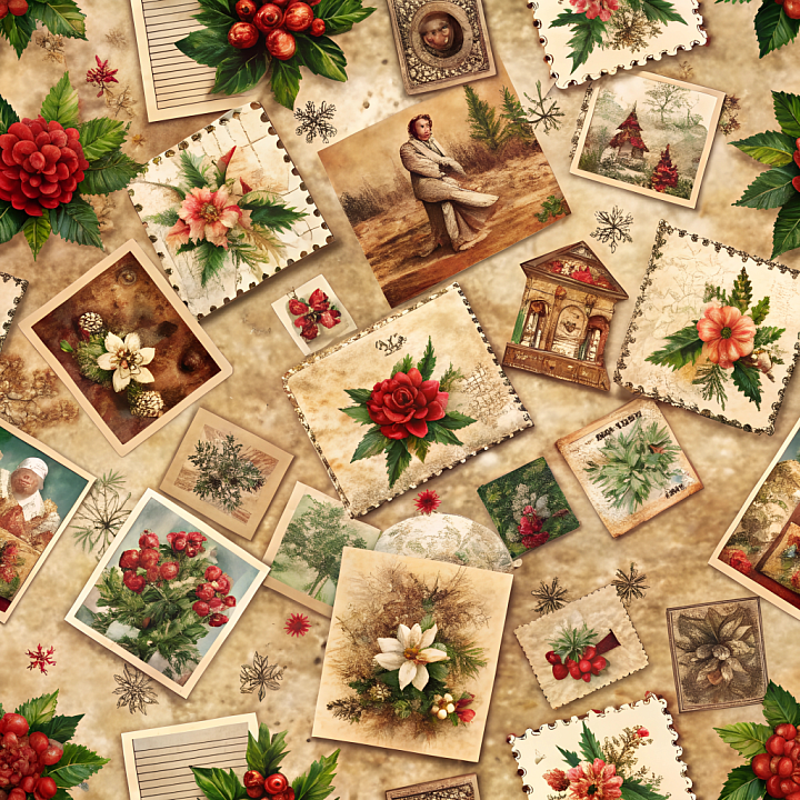 Christmas Vintage of Vintage Christmas Cards and Botanicals on Aged Pap… seamless PBR texture preview