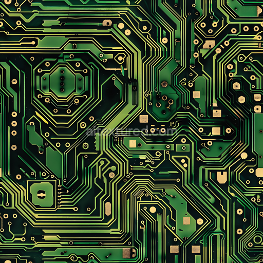 Seamless 3D Futuristic Digital Circuitry Camouflage PBR Texture with Tech Patterns and Green-Gold Palette