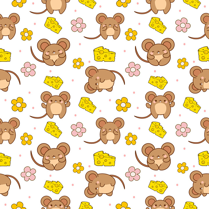 Pattern Featuring Cute Cartoon Mice and Cheese on White seamless PBR texture preview