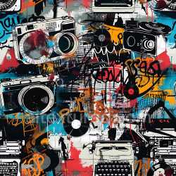 seamless Seamless 3D PBR Graffiti Texture Featuring Vintage Cameras and Urban Tagging texture 8k free download PBR