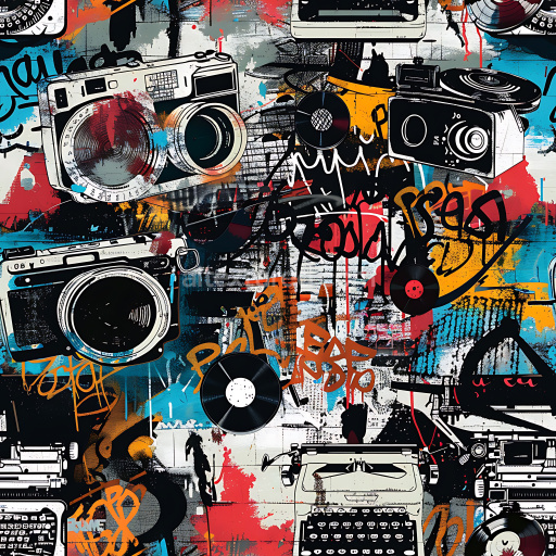 Seamless 3D PBR Graffiti Texture Featuring Vintage Cameras and Urban Tagging