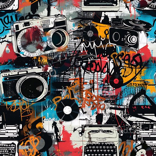 Seamless 3D PBR Graffiti Texture Featuring Vintage Cameras and Urban Tagging texture preview