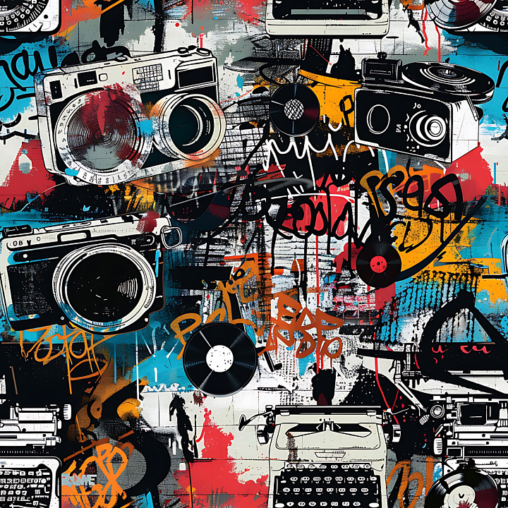 Graffiti Featuring Vintage Cameras and Urban Tagging seamless PBR texture preview